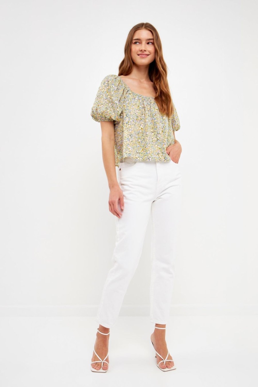 Online Floral Print With Sequins Top Tops