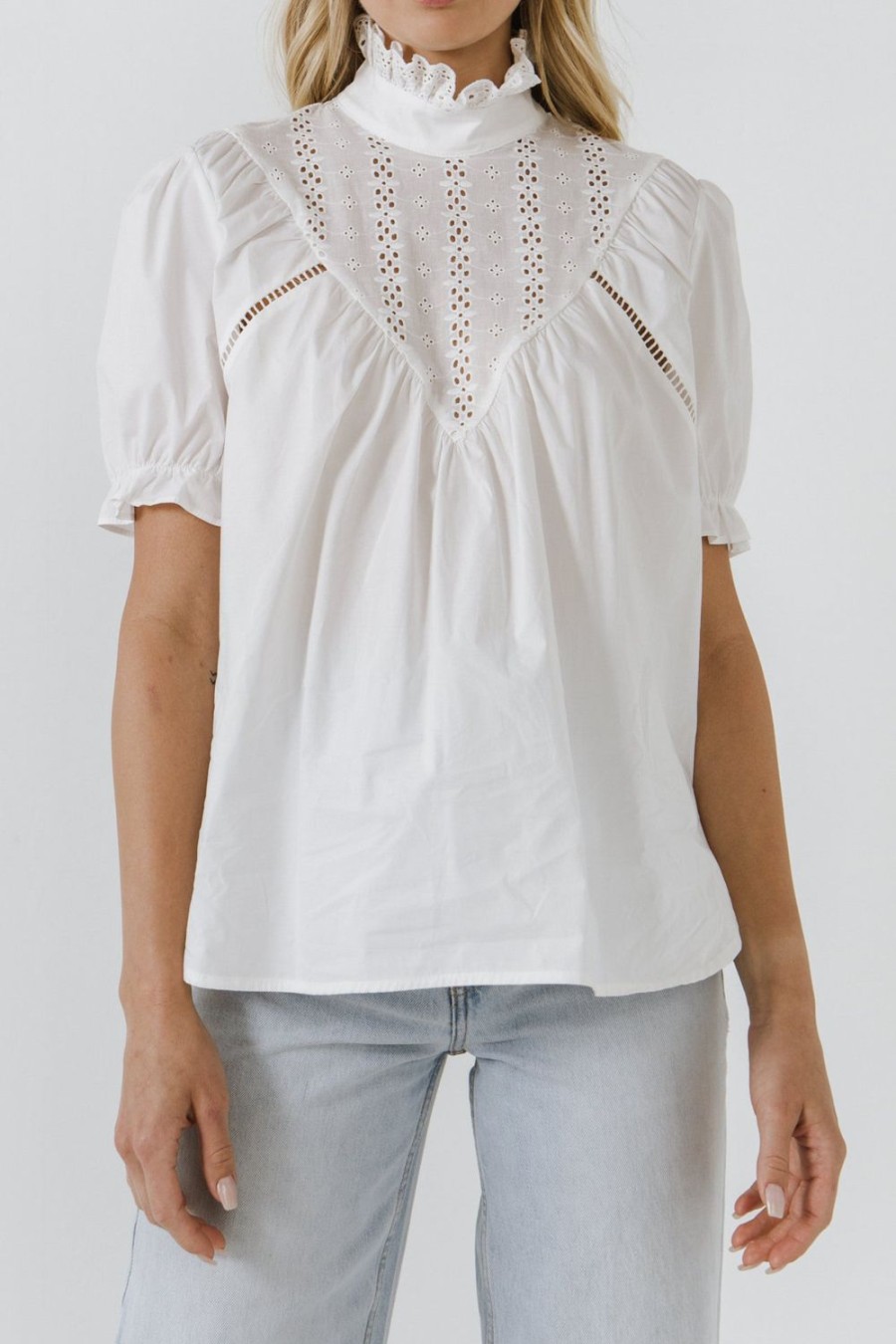 Hot Short Sleeve Lace Yoke Blouse Tops