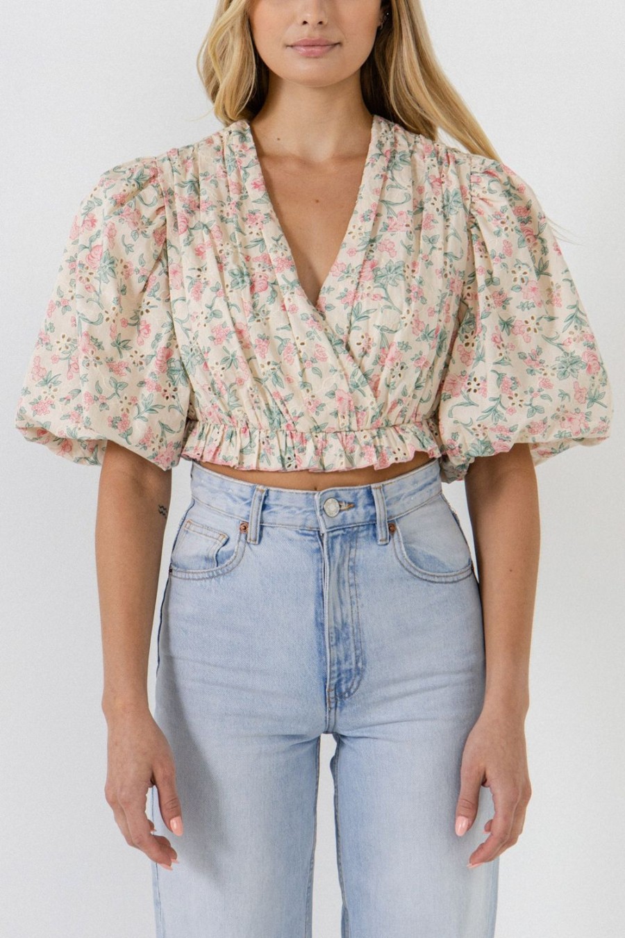 Hot Floral Embroidered Blouson Top Tops