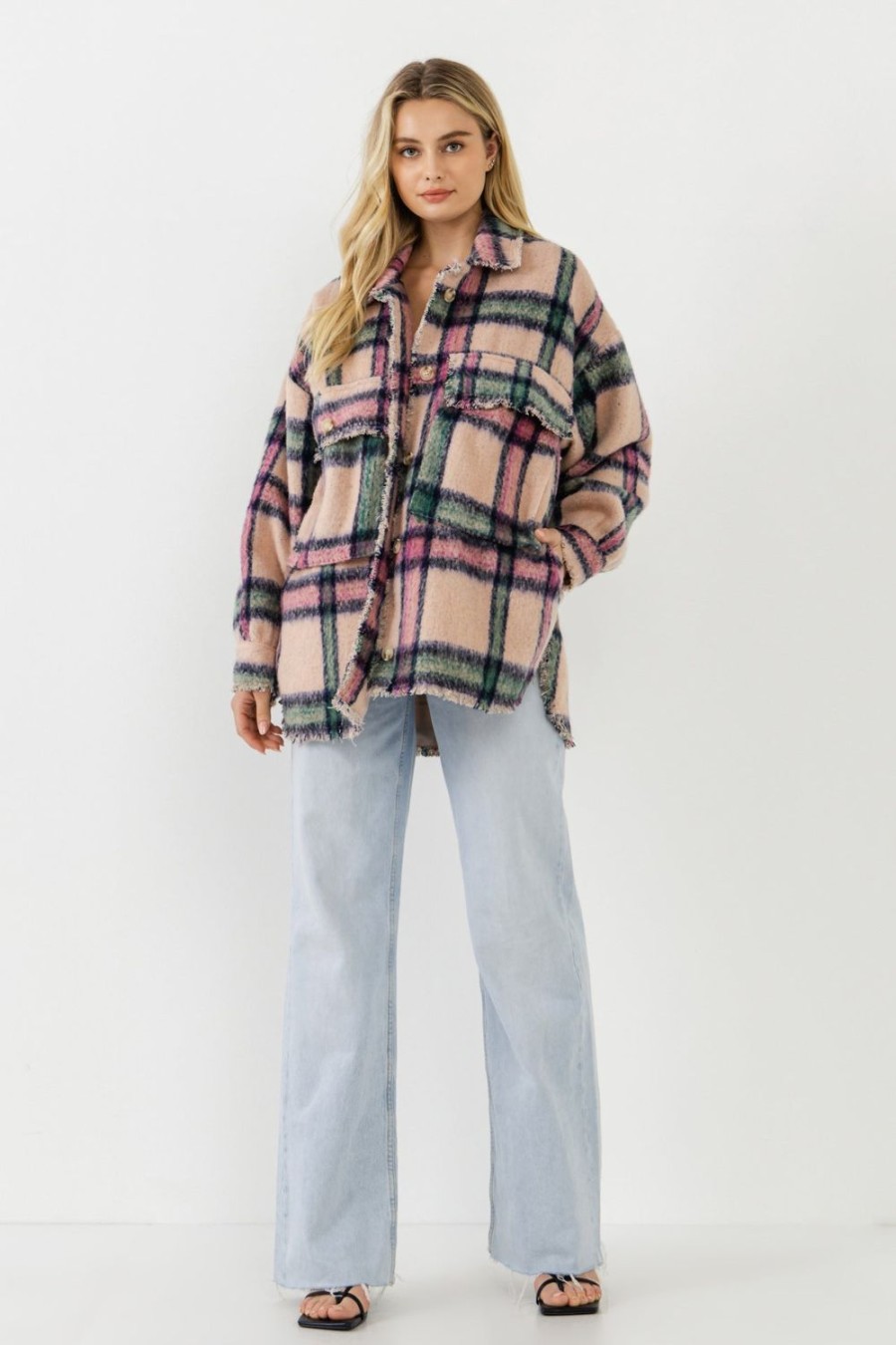 Clearance Oversized Plaid Coat With Raw Edges Outerwear