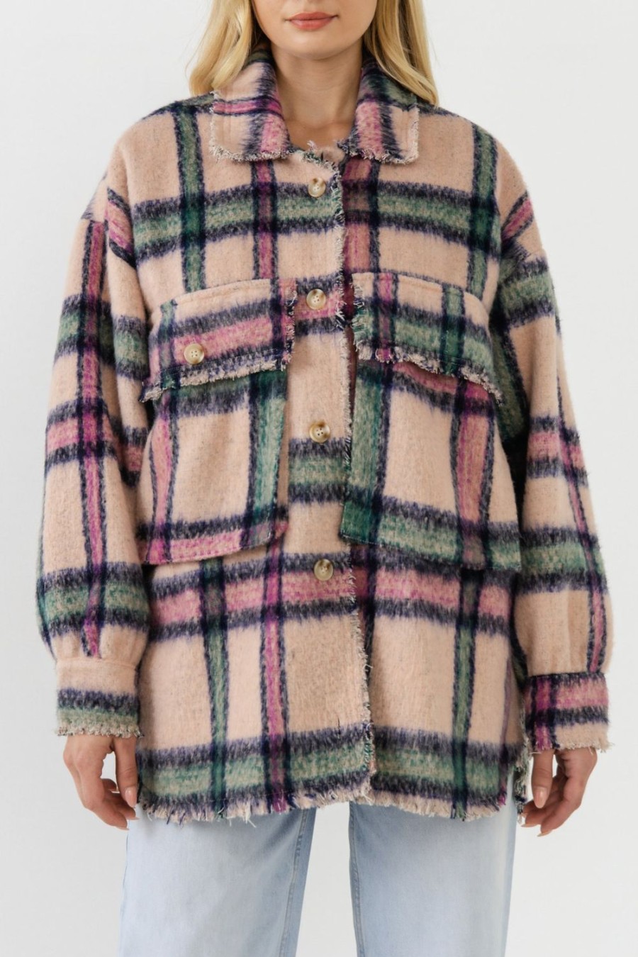 Clearance Oversized Plaid Coat With Raw Edges Outerwear