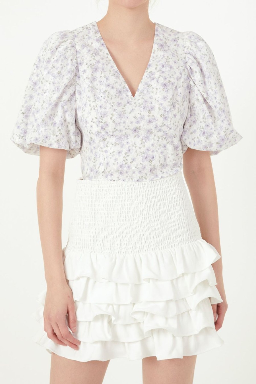 Hot Floral Balloon Sleeve Top With Lace Texture Tops