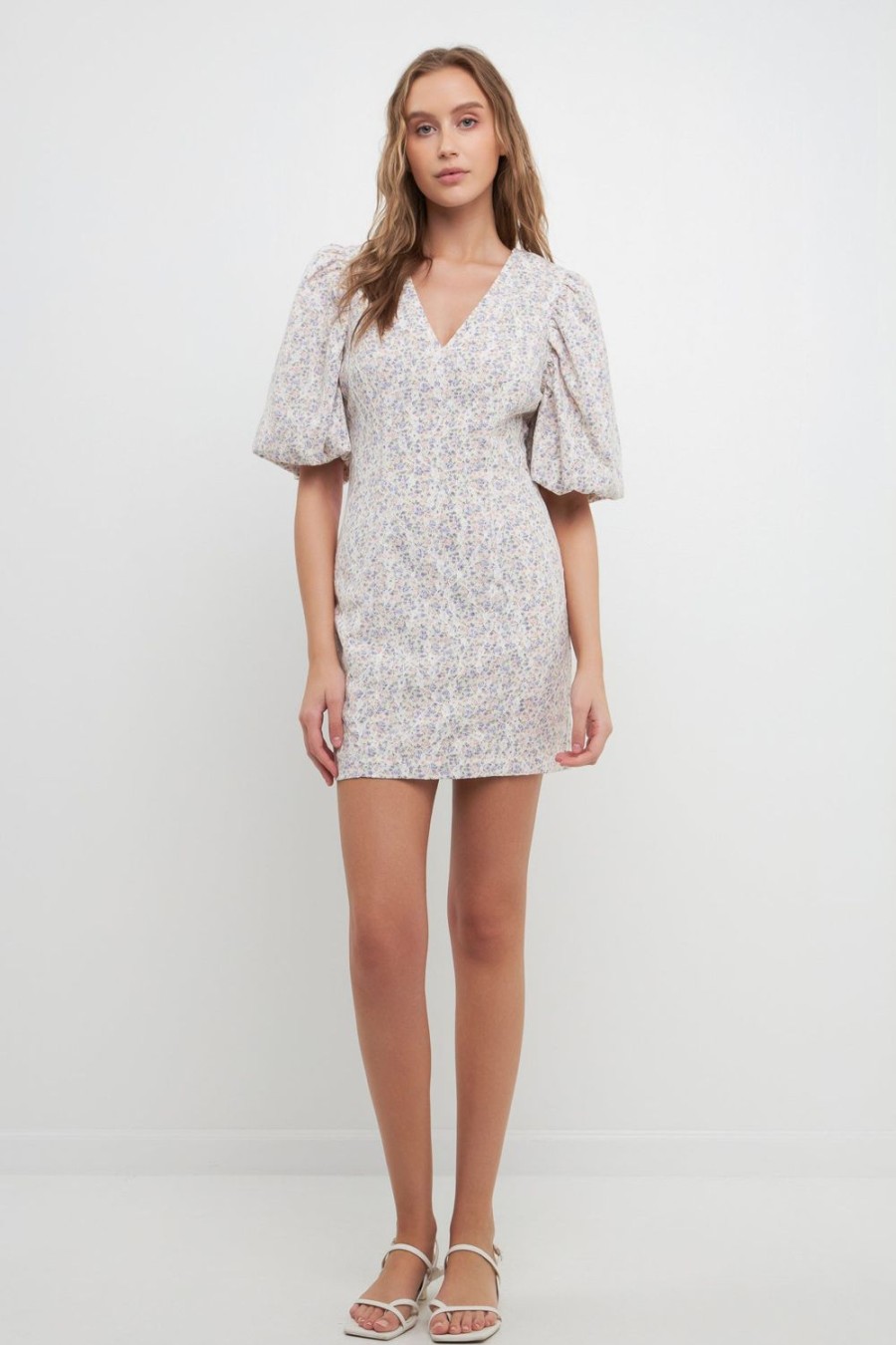 Online Flroal Balloon Sleeve Dress With Lace Texture Dresses