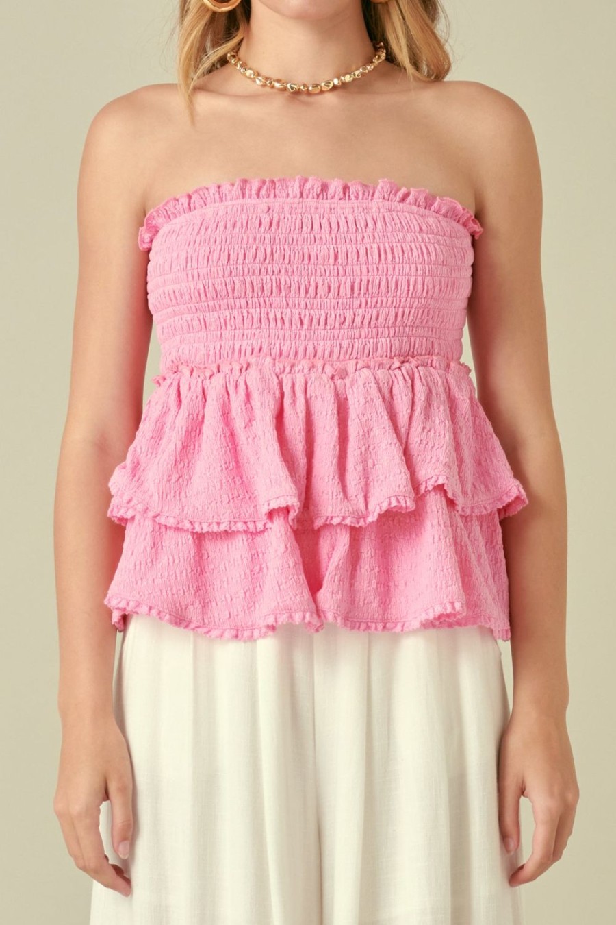 Clearance Lace Smocked Knit Ruffled Tube Top Tops