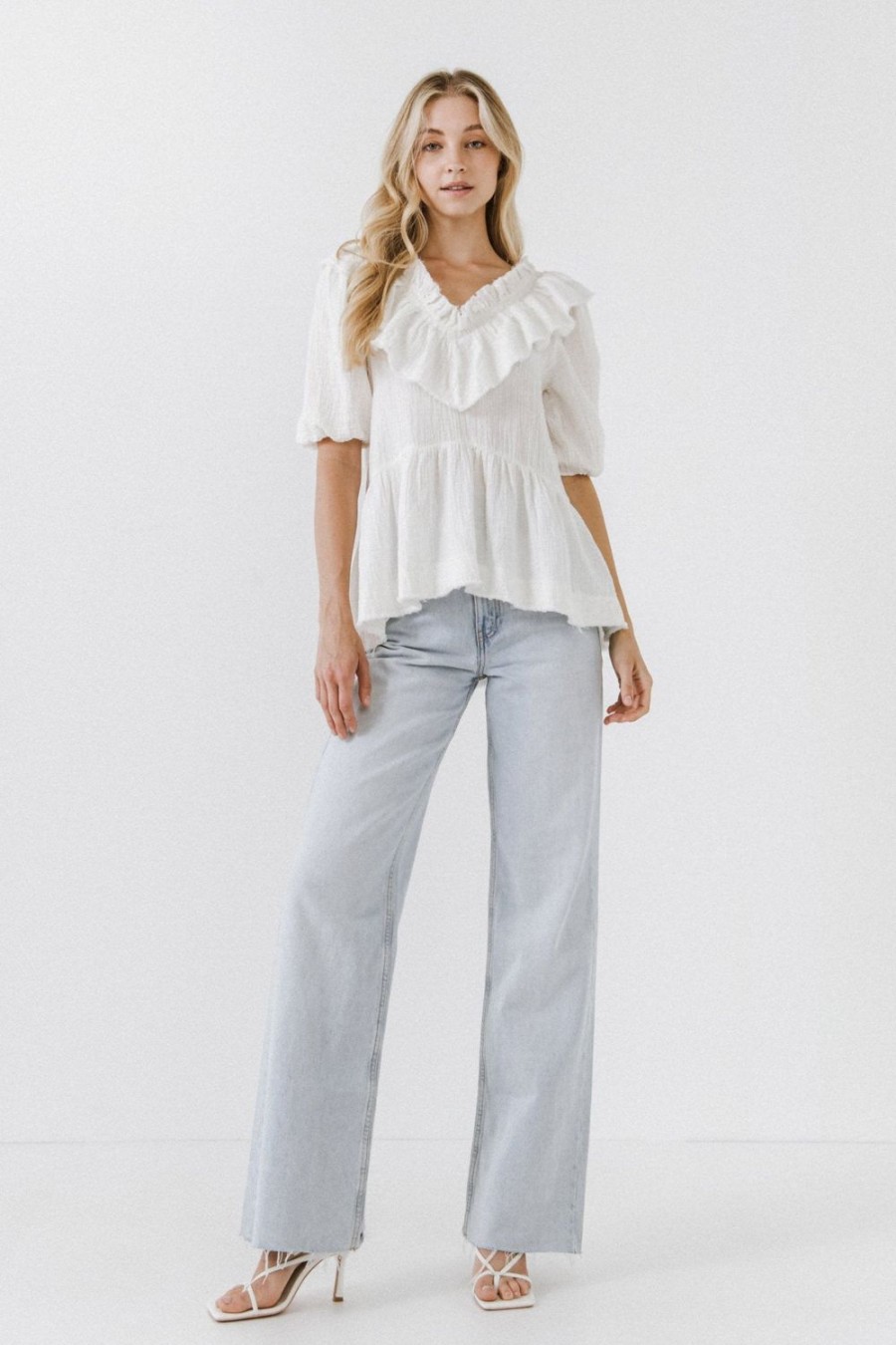 Online Ruffle Neckline Blouse Tops