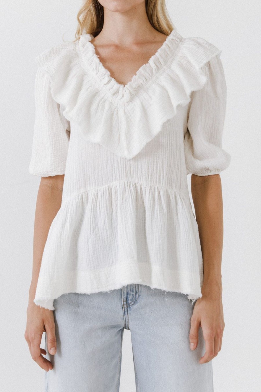 Online Ruffle Neckline Blouse Tops