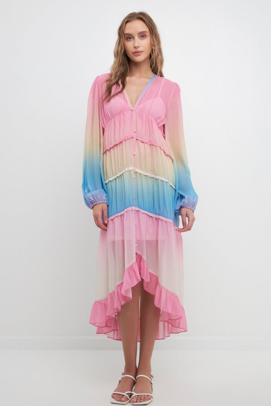 Hot Tie Dye Print Ruffle High-Low Dress Dresses