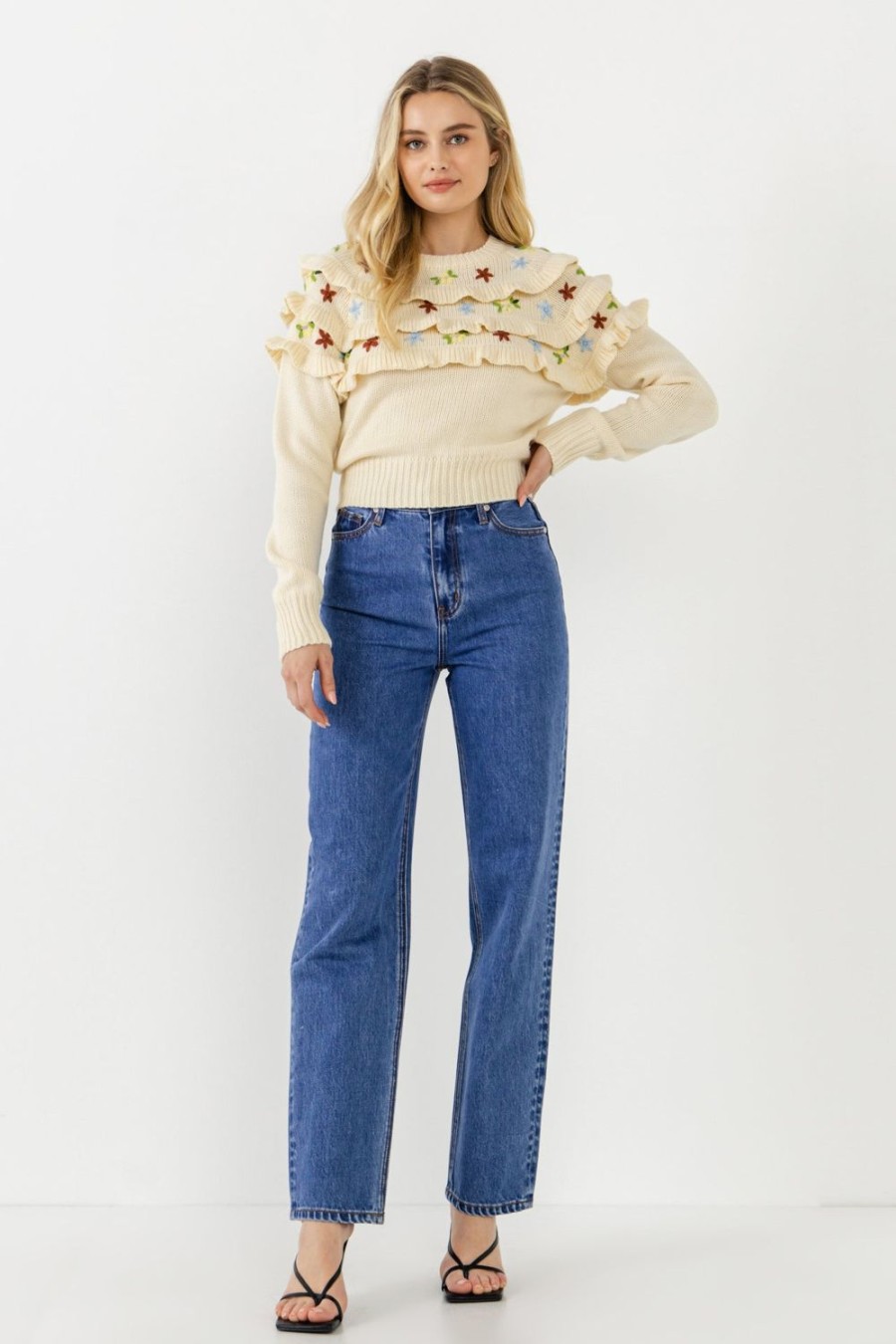 Online Floral Handmade Embroidery Ruffle Detail Sweater Knits