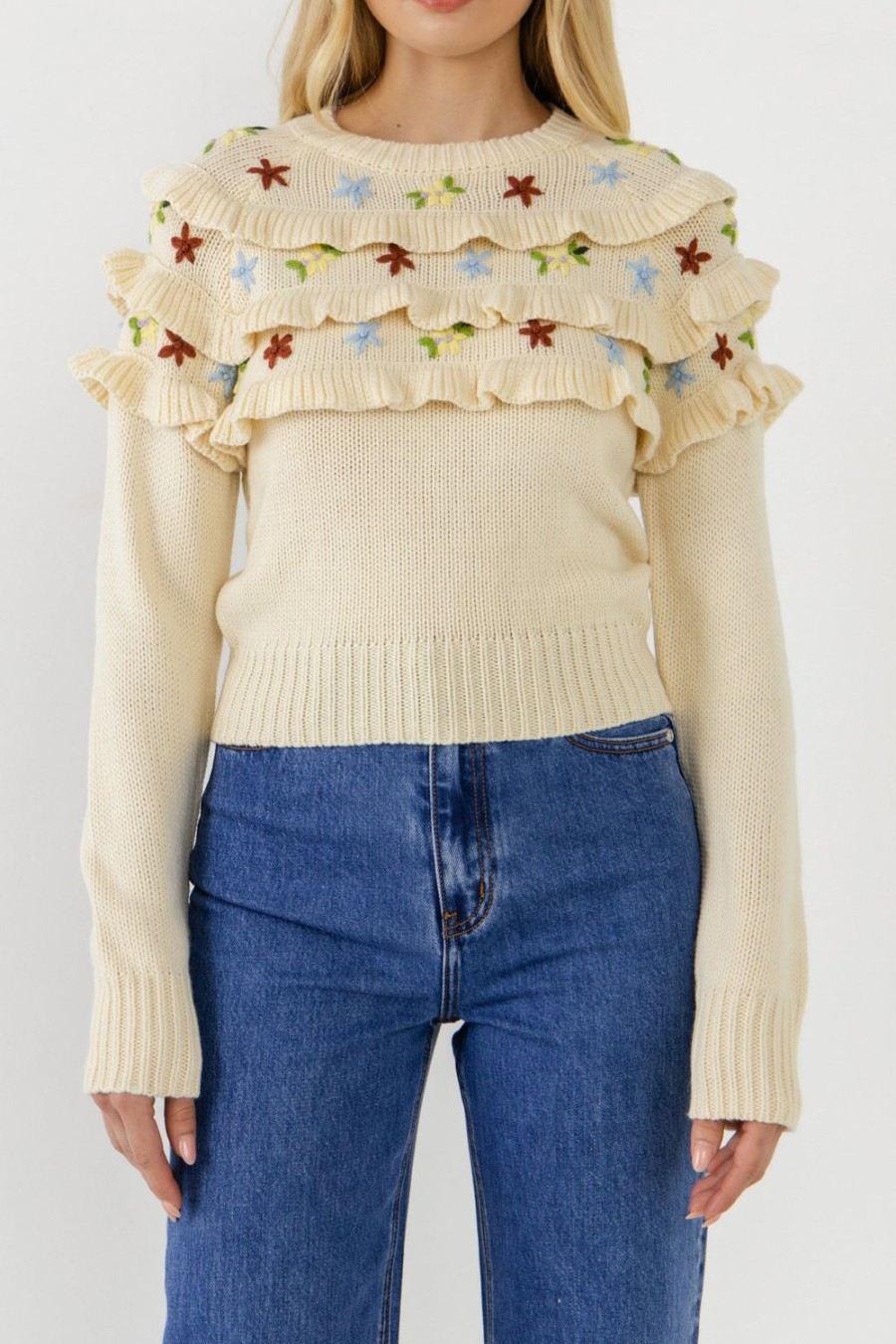 Online Floral Handmade Embroidery Ruffle Detail Sweater Knits