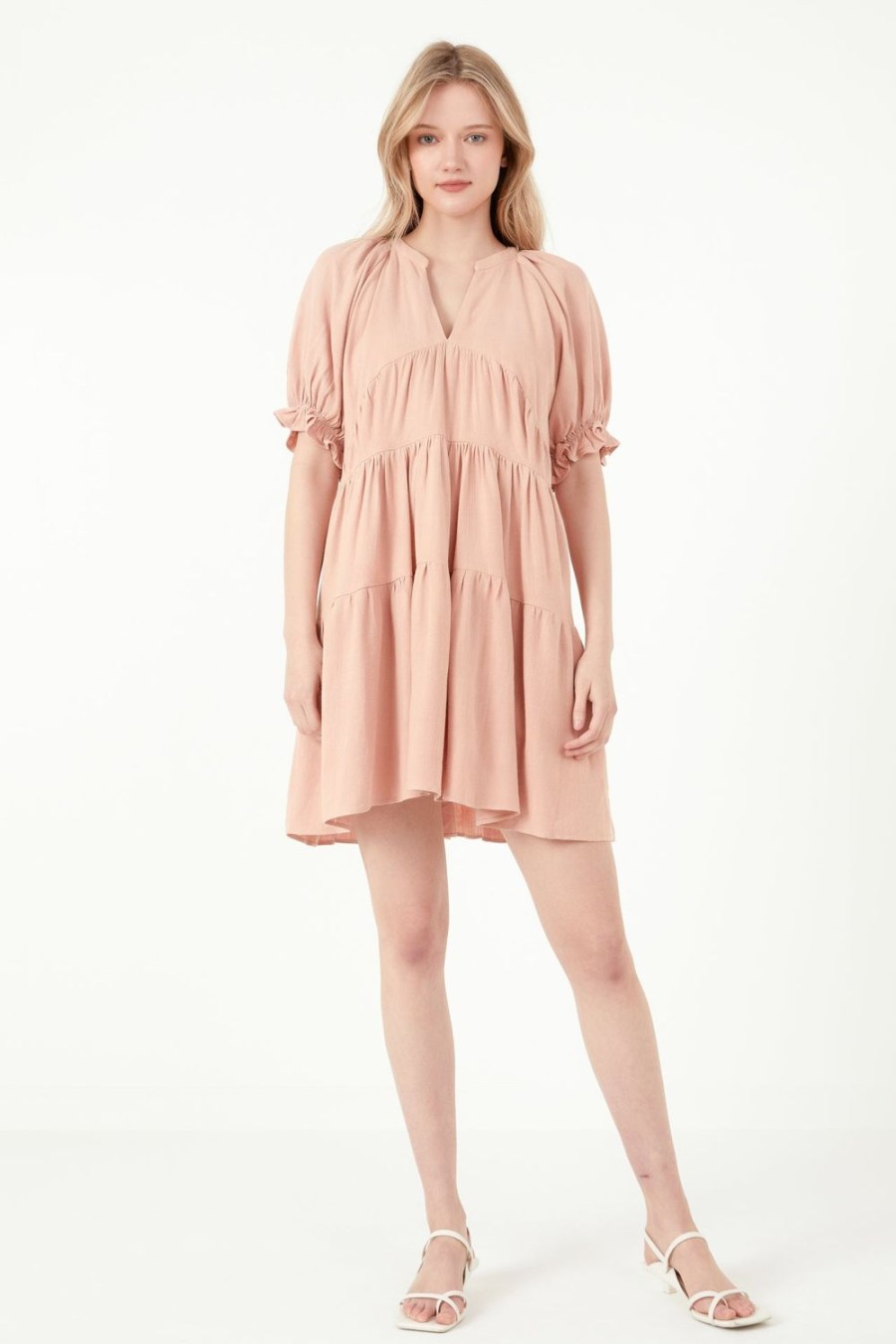 Hot Solid Tiered Dress With Ruffled Sleeves Dresses