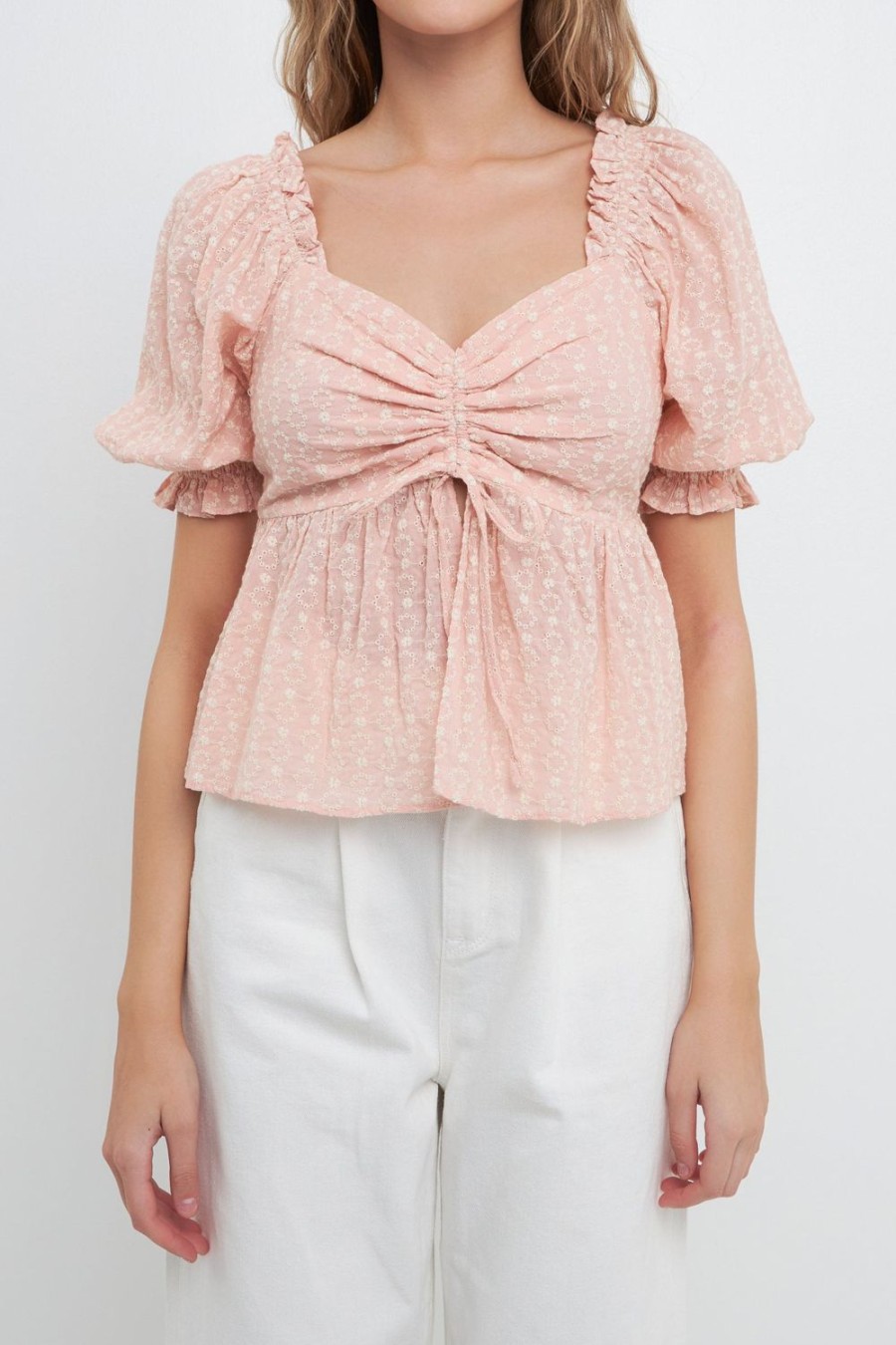 Clearance Embroidered Sweetheart Top With Puff Sleeves Tops