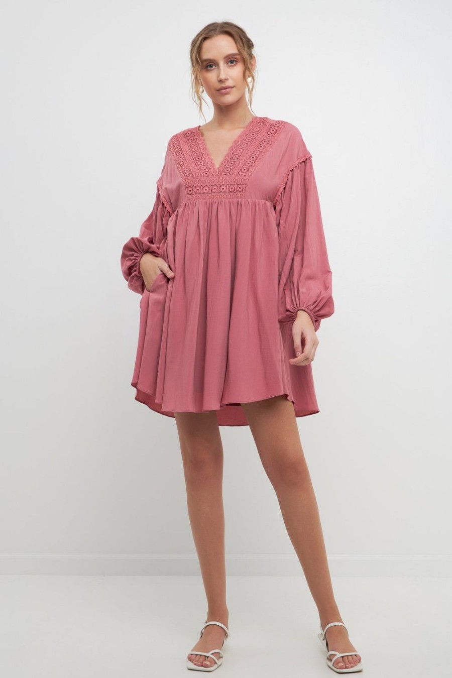 New Laced Blouson Sleeve Shift Dress Dresses