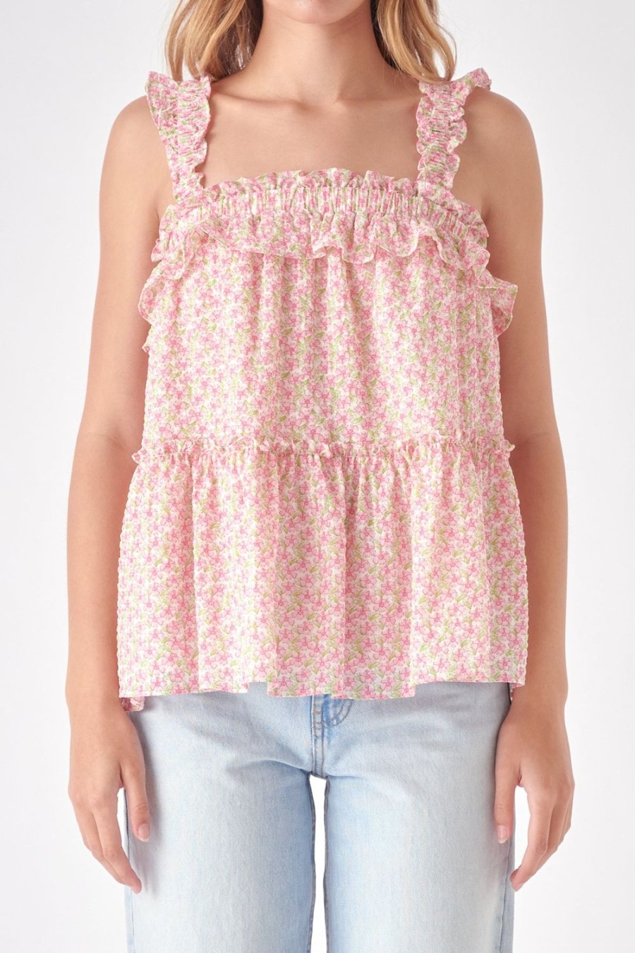 Wholesale Floral Textured Flounce Top Tops