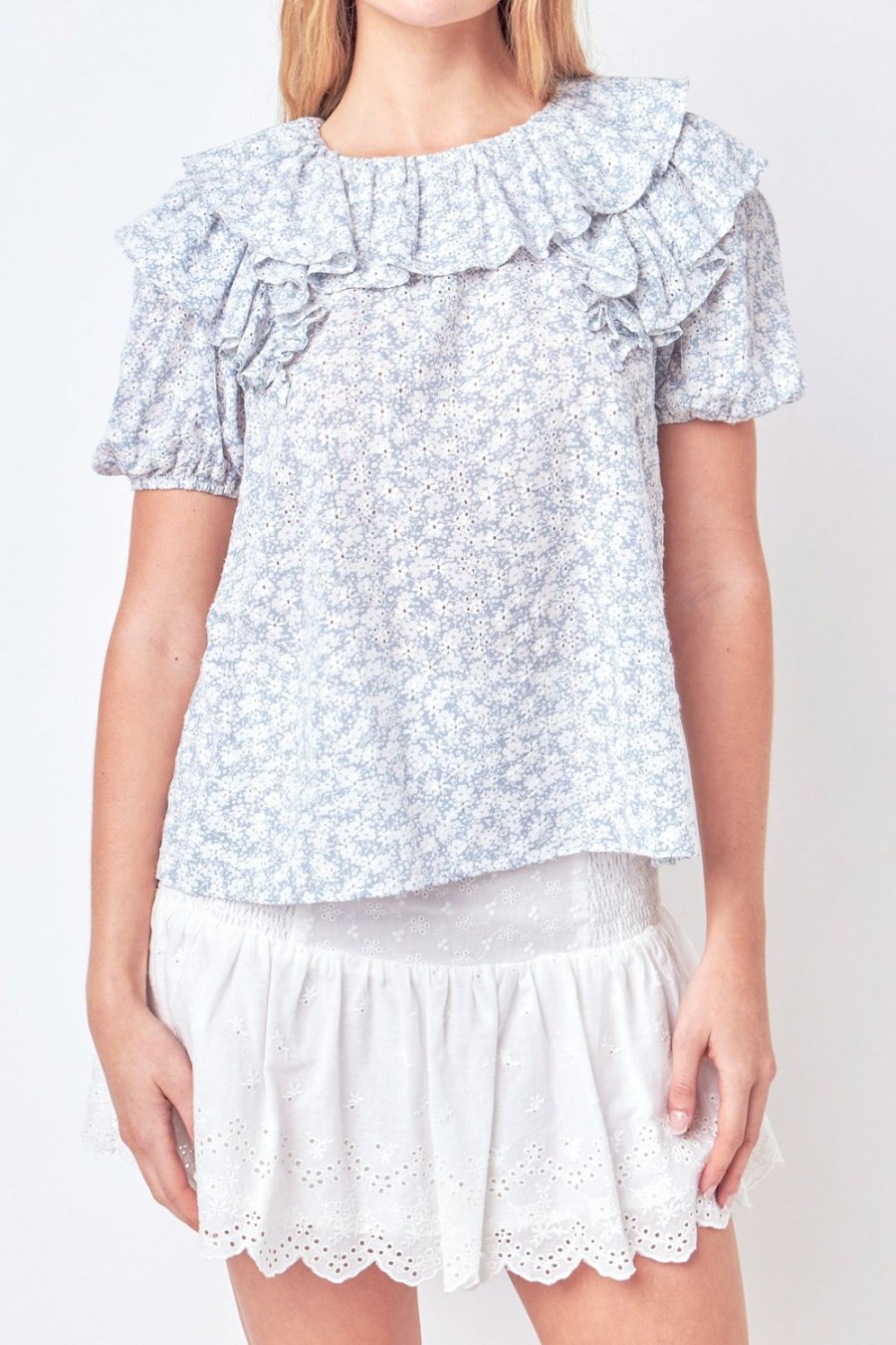 Clearance Floral Print Ruffle Top With Puff Sleeves Tops