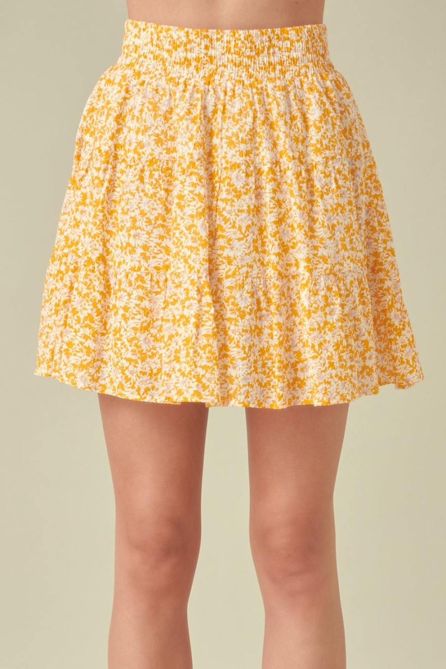 Clearance Crinkled Floral Linen Mini Skirt With Elastic Band Bottoms