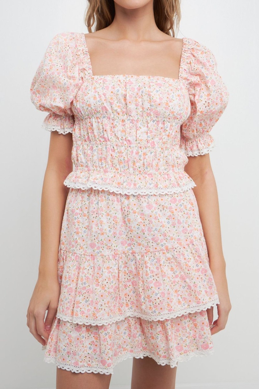 Best Floral Eyelet Smocked Cropped Top Tops