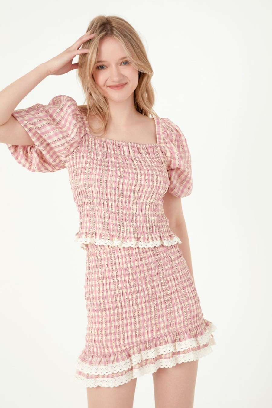 Hot Gingham Smocked Skirt Bottoms