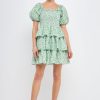 New Crinkled Floral Linen Smocked Tiered Mini Dresses