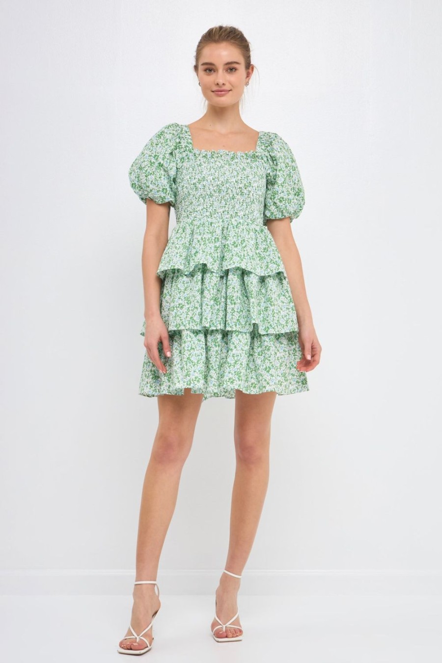 New Crinkled Floral Linen Smocked Tiered Mini Dresses