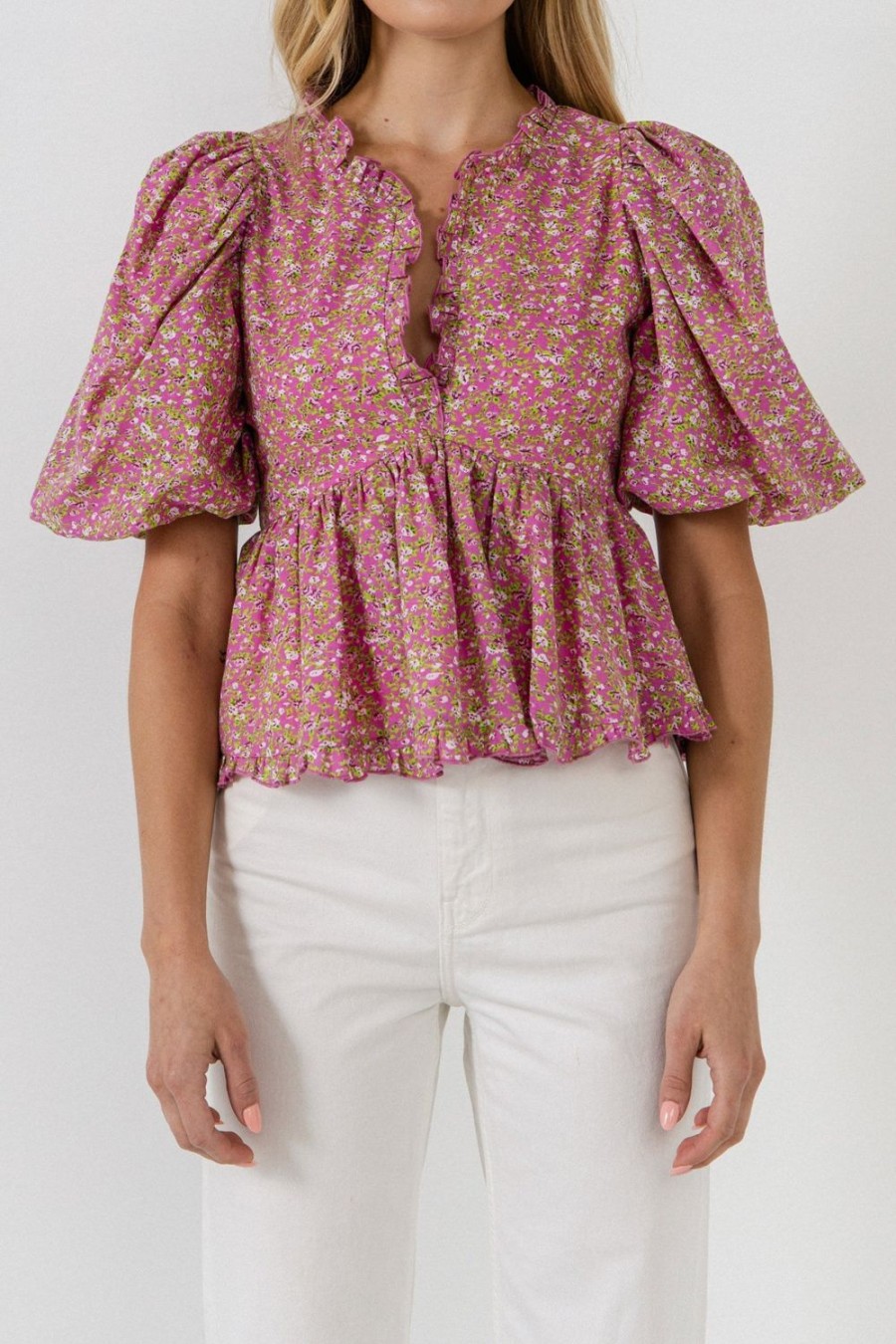 Clearance Puff Sleeve Ruffled V Blouse Tops