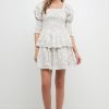 Wholesale Lace Trim Floral Print Smocked Sleeve Mini Dress Dresses