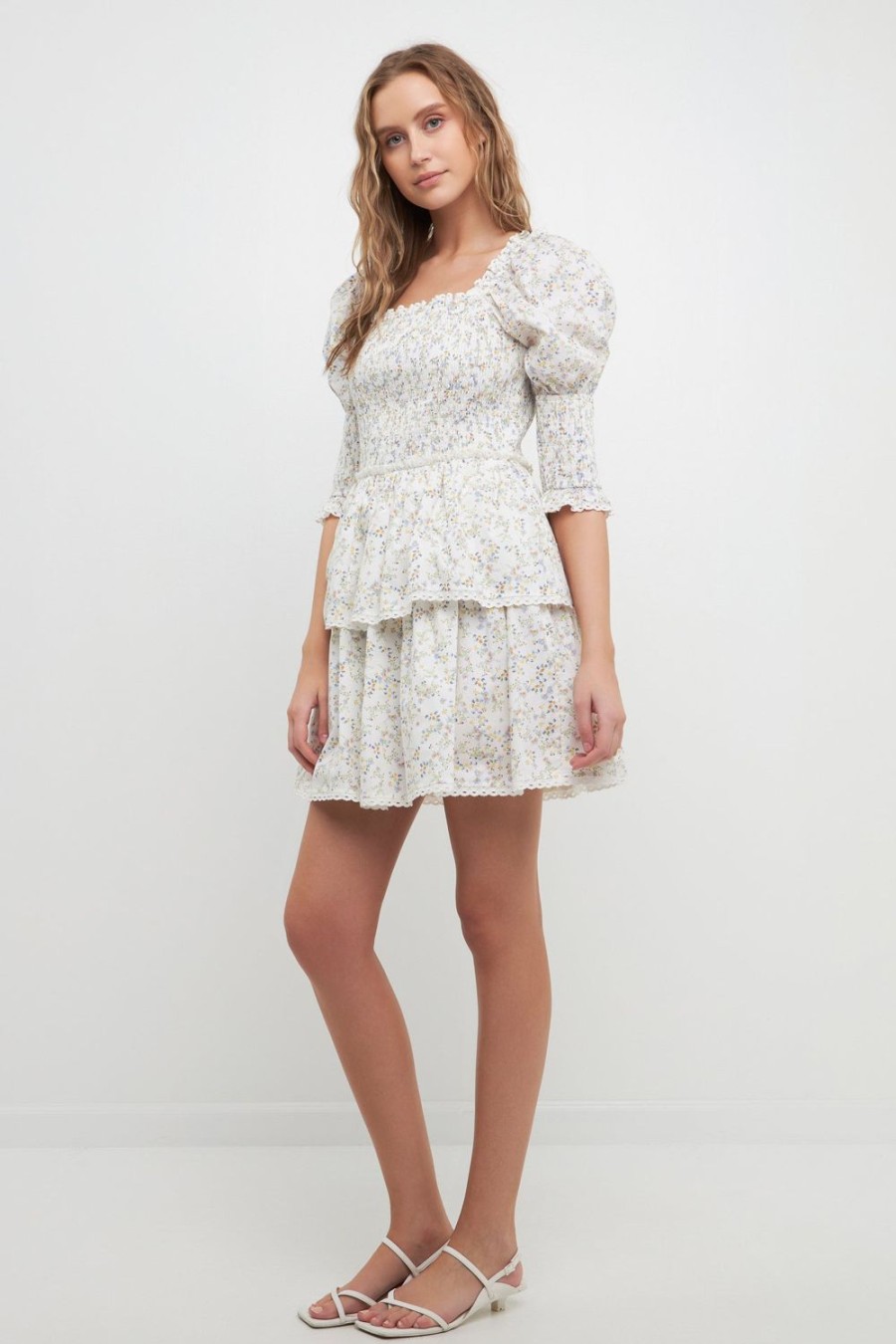 Wholesale Lace Trim Floral Print Smocked Sleeve Mini Dress Dresses