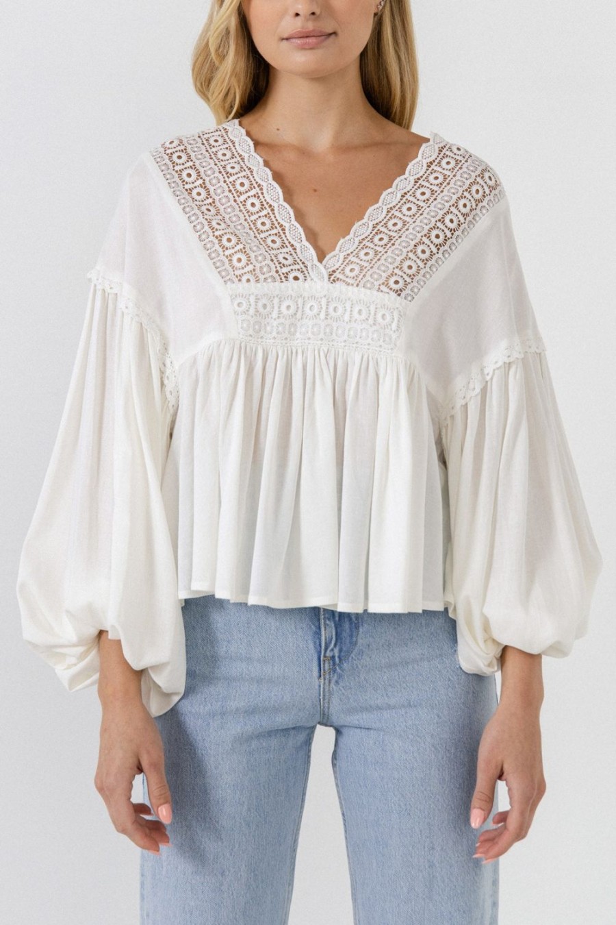 Clearance Lace Trim Deep V Top Tops