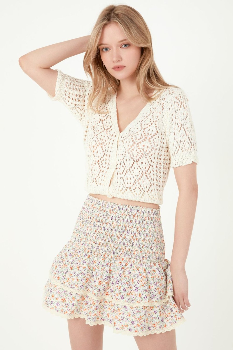 Online Embroidered Floral Crossed Tiered Mini Skirt Bottoms