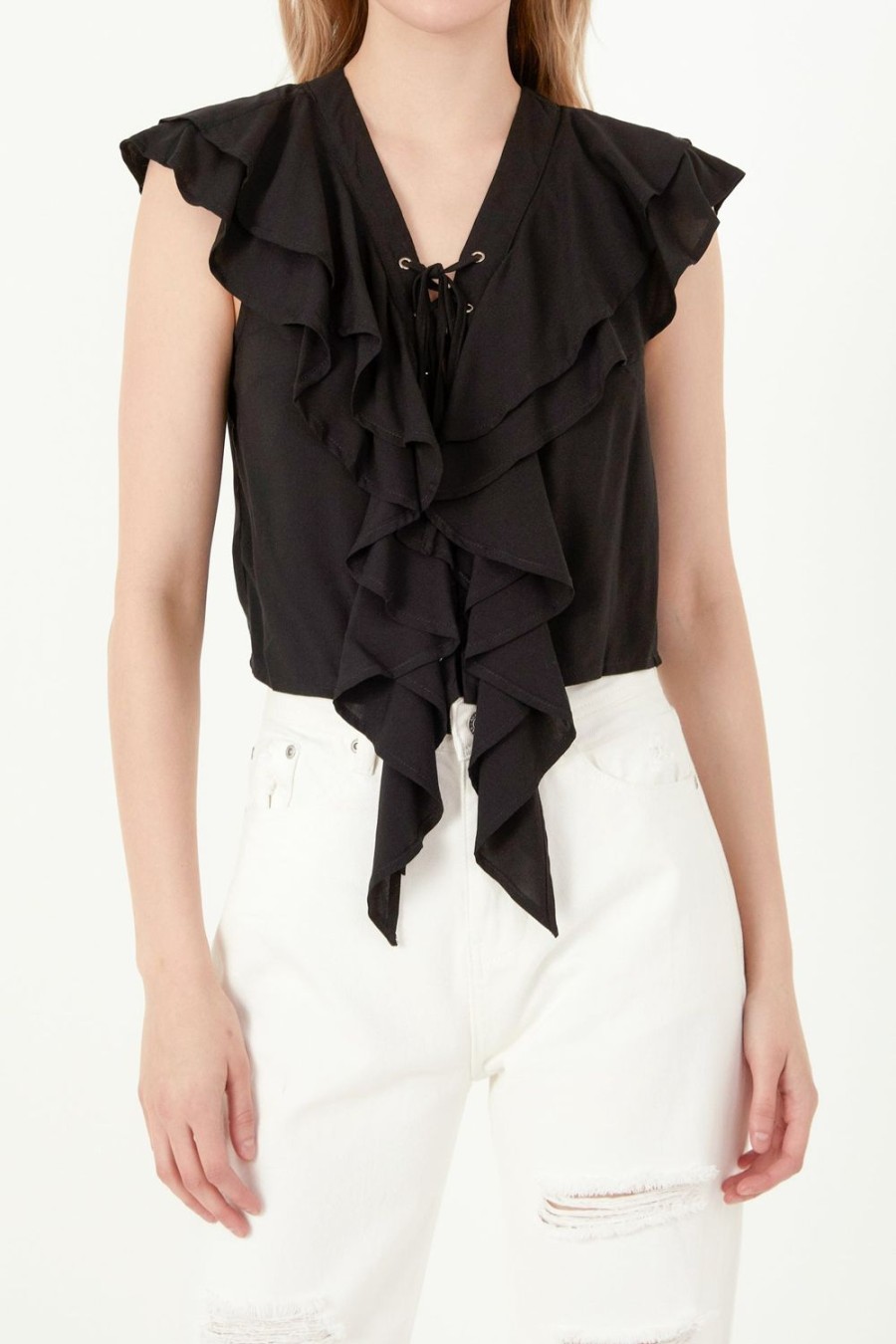 Online Lace Up Ruffle Crop Top Tops