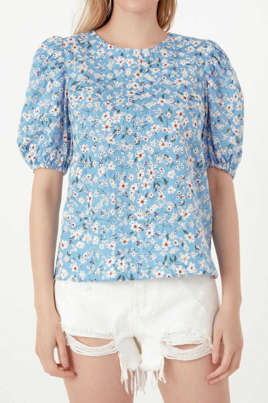 Online Floral Embroidered Top With Puff Sleeves Tops