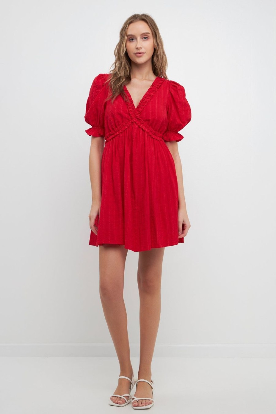 New Double Ruffled Band Mini Puff Sleeve Dress Dresses