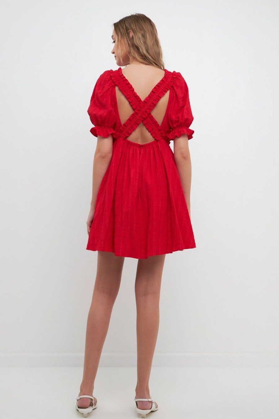 New Double Ruffled Band Mini Puff Sleeve Dress Dresses