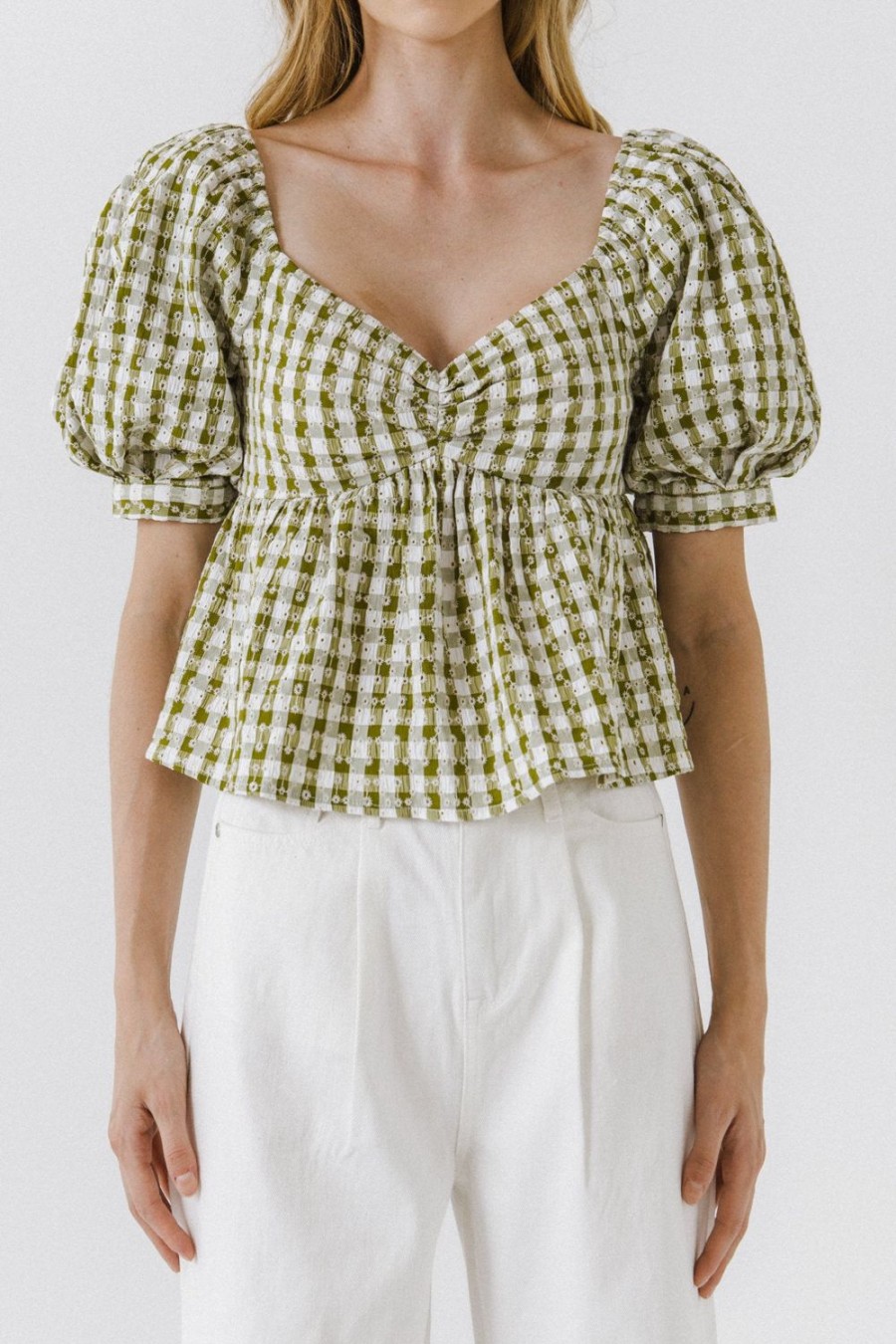 Hot Gingham Check Top With Emboridery Tops