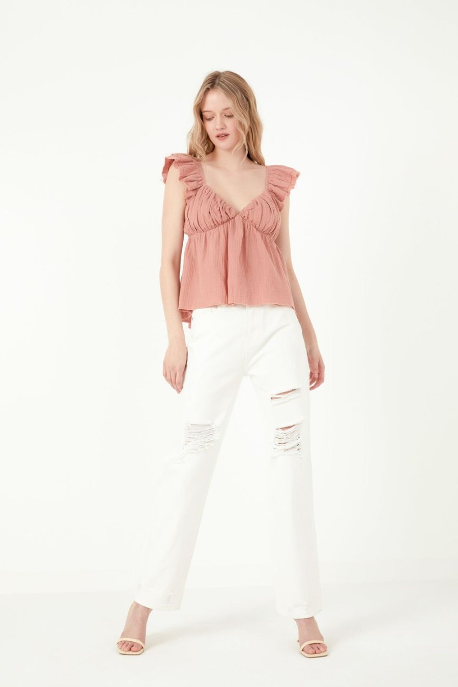 Clearance Sweet Heart Neck Raw Edge Top Tops